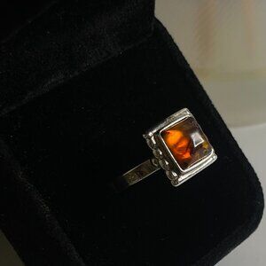 Natural Amber Ring 925 Crown Mark Cognac Cabochon Victorian Style Boho Ring 7.5